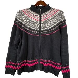 Evan Picone Womens XL Full Zip Fair Isle Sweater Nordic Black Pink Gray Cardigan